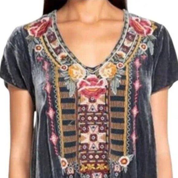 Johnny Was Cherelle Velvet Embroidered Drape Tunic Top Short Sleeve Women Size L - Picture 10 of 11